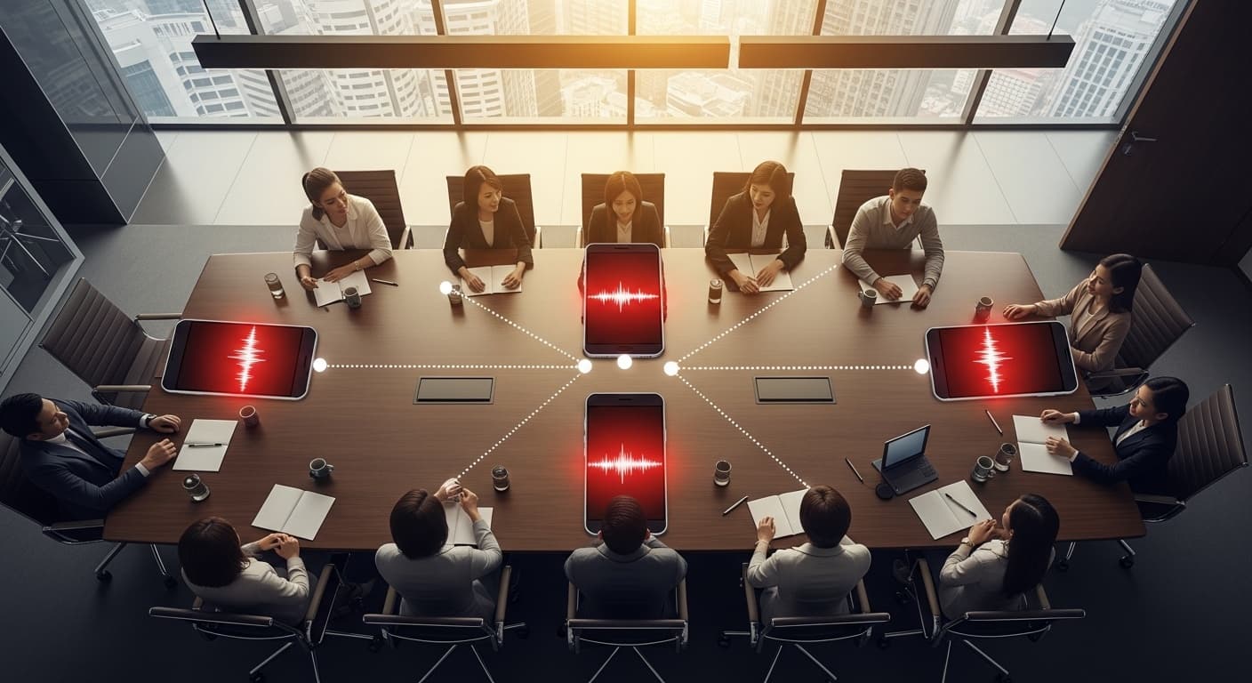 Multiple phones connected as microphones around a boardroom table in a Malaysian corporate office