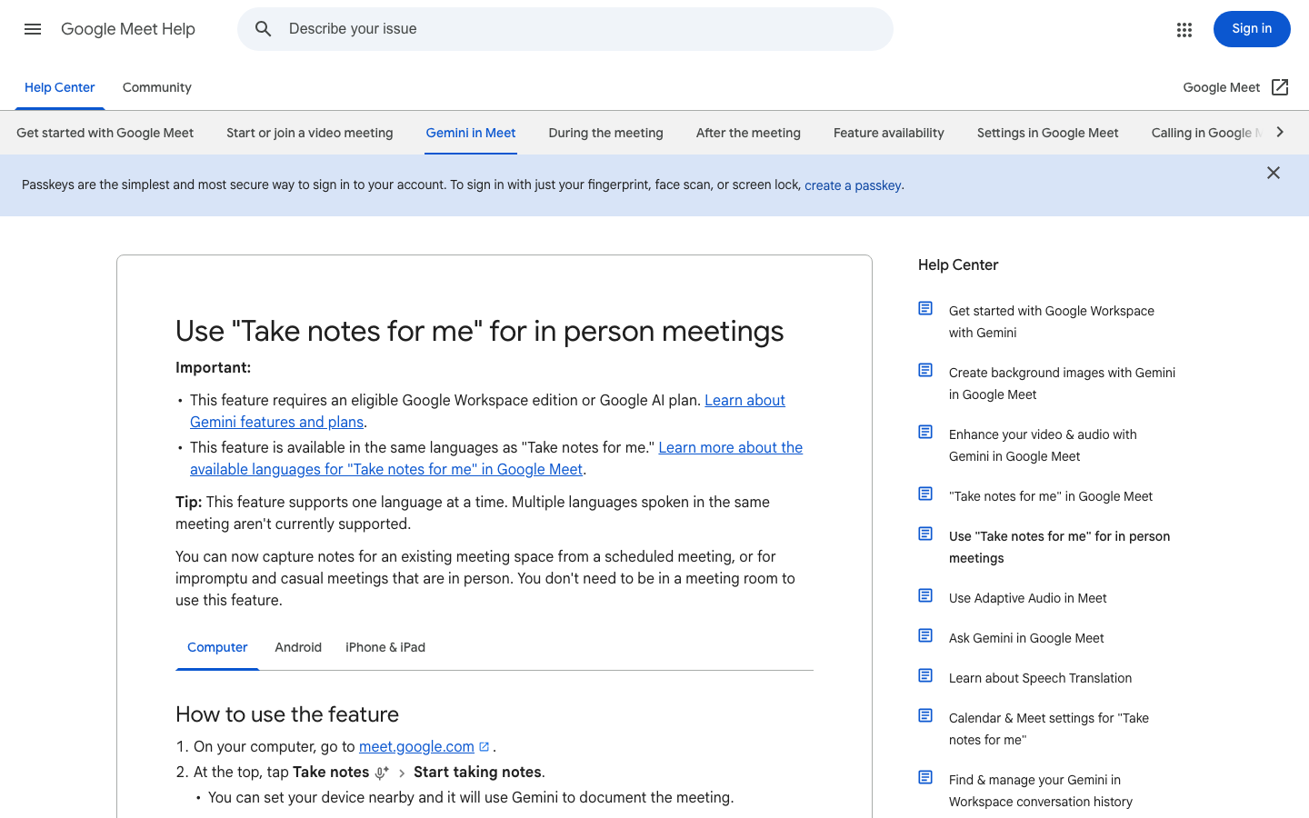 Google Meet Help page titled Use Take notes for me for in person meetings, showing the plan and language requirements and the first steps